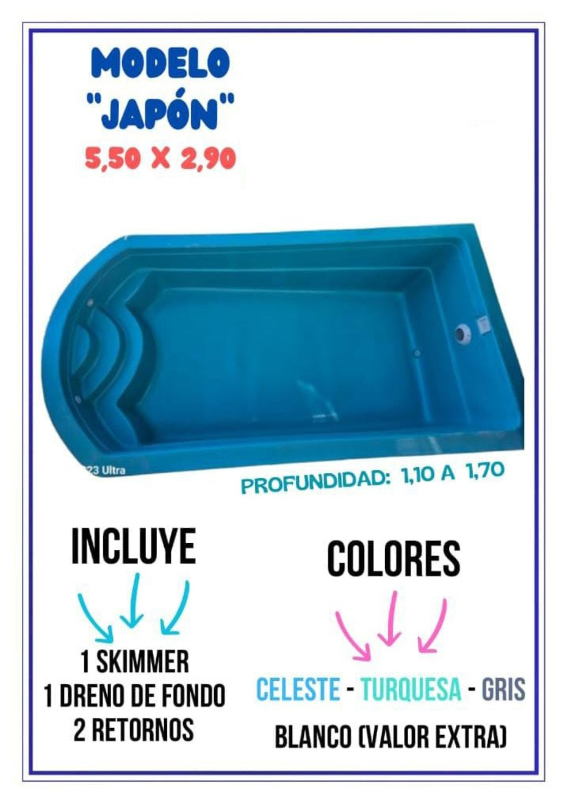 PISCINA FIBRA DE VIDRIO 5,5 x 2,9 Modelo ROMANO