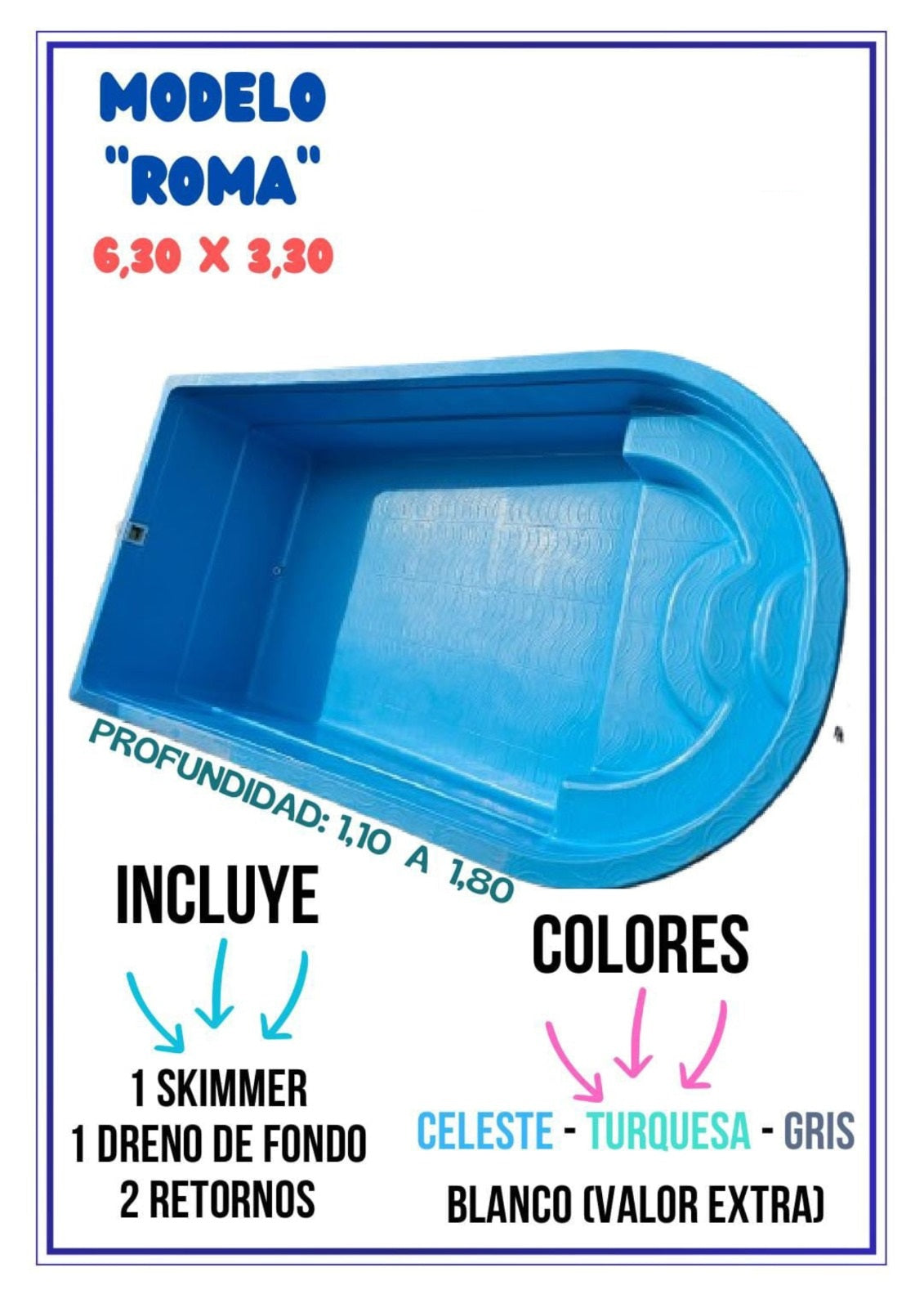 PISCINA FIBRA DE VIDRIO 6,3 x 3,3 Modelo ROMANO)